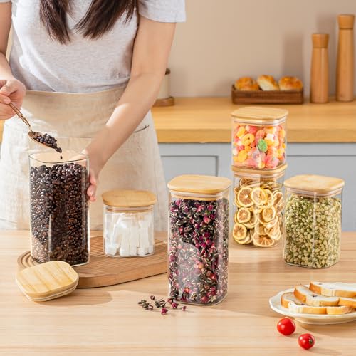 SENTVEND 24 Oz/ 37 Oz/ 51 Oz Glass Storage Jars with Bamboo Lids - 6 Pack Clear Glass Canisters Square Airtight Stackable Ideal for Pantry Storage Containers Great for Cereal Coffee Beans Snacks etc - color: 24/37/51 OZ-Clear