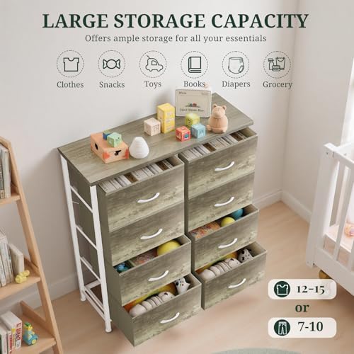 8-Drawer Dresser for Bedroom, Anti-Tip Tall Storage Organizer Chest of Drawers with Wooden Top and Metal Frame Fabric Bins for Closet, Living Room, Hallway, Entryway, Greige Oak - color: Greige Oak, size: 11.8"D x 31.4"W x 36.3"H (8 Drawers)