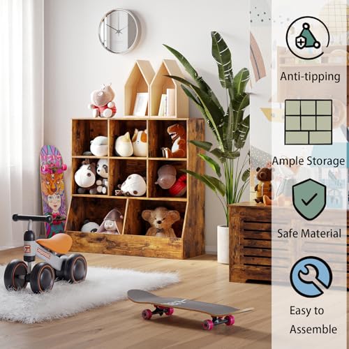 DINZI LVJ Toy Storage Organizer, Kids Bookshelf, Wood Toy Storage Cabinet, 3-Tier 8 Cubby Children Bookcase, 35.4" L Toddler Book Shelf for Playroom, Living Room, Nursery, School, Rustic Brown - color: Rustic Brown, size: 3-Tier 35.4"