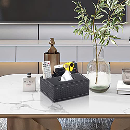 Tissue Box Cover Rectangle Black Tissue Box Holder PU Leather Facial Tissue Organizer,Multifunctional Remote Control Stationery Storage Box,Home Office Supplies Car Napkin Caddy - color: Multifunctional Tissue Box-black Weave