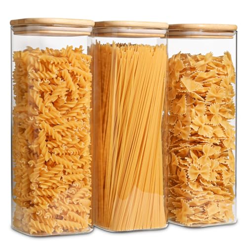 ComSaf Glass Spaghetti Pasta Storage Containers with Lids 2.2 Qt Set of 3, Tall Clear Airtight Food Storage Jar with Lid for Noodles Flour Oat Cereal Sugar Beans, Sqaure Spaghetti Pantry Containers - size: 2.2Qt*3