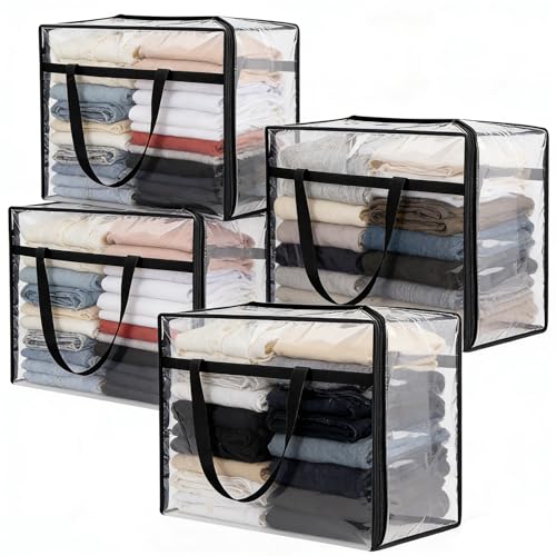 40L Clear Storage Bags Plastic Blanket Storage Bag Foldable Moving Organizers Containers with Zipper for Bedding Blanket Clothes Under Bed Holder - 4 Pcs - color: 4 Pcs, size: 40L