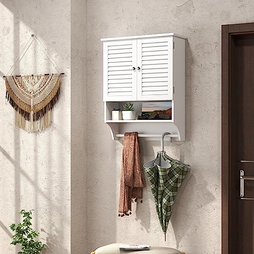 Tangkula Wall Mounted Bathroom Cabinet with Open Shelf & Bar, Medicine Cabinet with Double Louvered Doors, Wall Storage Cabinet with Adjustable Shelf, for Bathroom Living Room Kitchen (White) - color: White