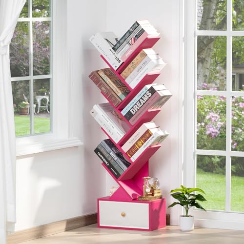 SHEEPAM 8 Tier Tree Bookshelf with Drawer, Free Standing Wood Bookcase for Narrow Space, Storage Organizer Bookshelves for Books, Book Case for Home Office, Living Room, Bedroom - Pink - color: Pink, size: 8 Tier