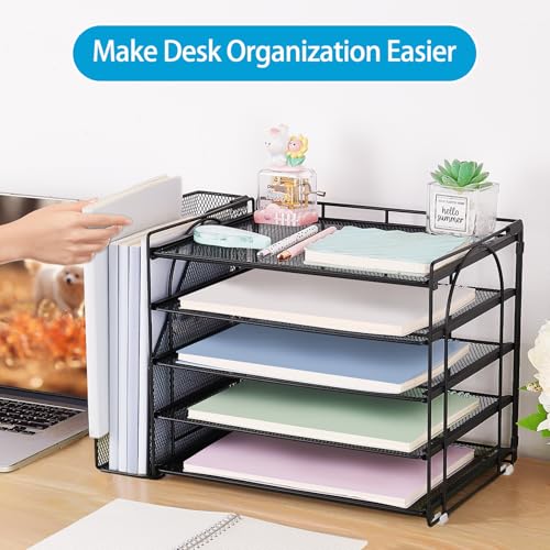 AUPSEN Desk Organizers and Accessories, 5-Tier Desktop Paper File Organizer with Removable File Holder, Desk Accessories & Workspace Organization for Home Office Supplies (Black) - color: Black