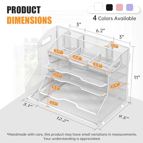 YINGHUA 5 Tier Paper Tray Letter Organizer with Top 6 Adjustable Compartments and File Holder - Paper Sorter Office Desktop Accessories with Handles for Document,Mail,School Supplies Storage,White - color: 5 Tier With File Holder-white