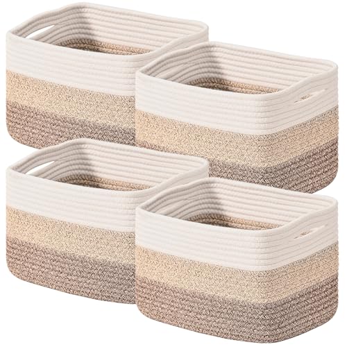 ICERZCZ Shelf Baskets for Organizing, Storage Baskets for Shelves, Woven Baskets for Storage, Cotton Rope Baskets with Handles for Toy, Book, Clothes, 12.5"Lx9.1W"x7.9H", (4 Packs) Gradient Brown - color: Gradient Brown, size: 12.5"(l)×9.1"(w)×7.9"(h)