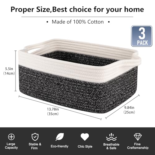 OIAHOMY 3 Pack Storage Baskets for Organizing, Woven Cotton Rope Basket for Shelves, Closet Organizer Bins with Handles, Rectangle Toy Organization, 13.78''×9.84''×5.5'', Black & White - color: Black variegated, size: 13.8''×9.8''×5.5''