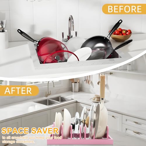 MinBoo Bamboo Pot Lid Organizer Pot Lid Holder, Pot and Pan Organizer Drawer Organizer for Pot Lids, Pans, Dinner Plates, Reusable Containers in Cabinet Storage,Pink - color: Pink