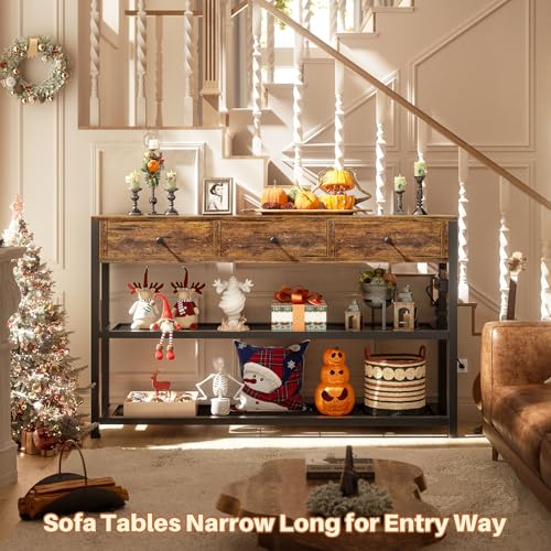 Ecoprsio 47'' Entryway Table with Outlets and USB Ports, Console Table with 3 Drawers, Sofa Table Narrow Long with Storage Shelves for Living Room, Couch, Hallway, Foyer, Kitchen Counter, Rustic Brown - color: Rustic Brown, size: 47-In