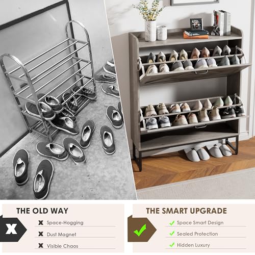 Nicetree Shoe Storage Cabinet with 2 Flip Drawers, Freestanding Shoe Organizer, Shoe Cabinet with Metal Legs, Narrow Shoe Rack Cabinet, Farmhouse Slim Shoe Cabinet for Entryway, Hallway, Rustic Gray - color: Grey, style: 2-Drawers