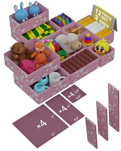 12 Pack Foldable Pink Drawer Organizers – Fabric Baby Clothes Organizer for Nursery Dresser & Closet | Pink Storage Bins, Drawer Dividers for Baby Clothes, Diapers, Socks & Toys - color: Pink with white hearts
