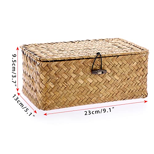Hipiwe Wicker Shelf Baskets Bin with Lid, Handwoven Seagrass Basket Storage Bins Rectangular Household Basket Boxes for Shelf Wardrobe Home Organizer, Caramel X-Small - color: Caramel, size: X-Small