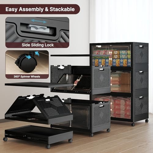 UAMFURI Extra Large Stackable Storage Bins with Lids & Wheels, 165QT-55QT/14GAL*3Pack Foldable Collapsible Closet Organizers Dark Storage Cabinet with Doors for Bedroom Dorm - color: Black, size: 3PACK-25"W16"D45"H