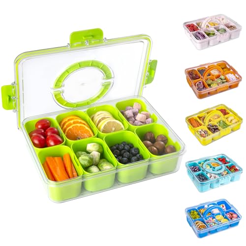 WACOI Divided Snack Serving Tray with Lid and Handle Travel Snackle Charcuterie Container Portable Storage Organizer for Candy, Fruits, Nuts, Snacks, Party, Picnic (1pack, Green) - color: Green