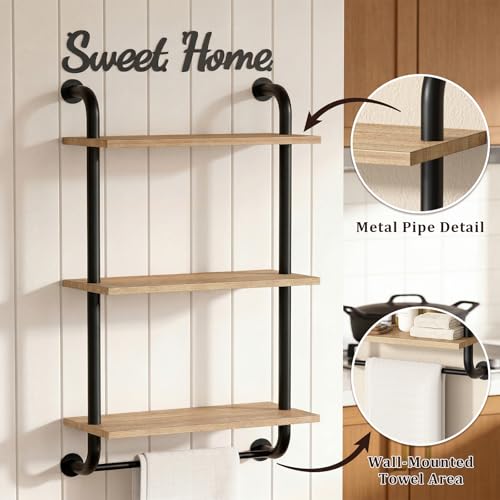 Tinpin Bathroom Shelves Wall Mounted, 3-Tier Rustic Wood Wall Shelf, 17.3 inch Industrial Pipe Floating Shelf for Bathroom,Kitchen,Bedroom,Living Room,Brown - color: Brown, size: 3 tier