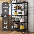 IDEALHOUSE 5 Tier Folding Shelves with Wheels, Heavy-Duty Storage Rack, No Tools Assembly, 63" H for Kitchen Pantry Garage Office, Black