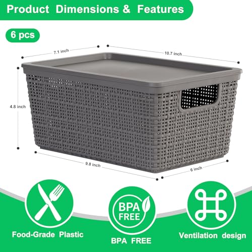 6 Pack Plastic Storage Baskets With Lids,Grey Breathable Stackable Storage Bins,Small Storage Containers,for Organizing Storage Baskets on Desktops,Closets,Playrooms,Classrooms,Offices - color: Grey