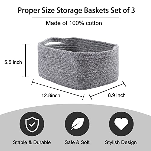 OIAHOMY Cotton Rope Baskets, Woven Baskets for Storage, Nursery Storage Baskets, Rectangle Storage Basket with Handles, Storage Baskets for Shelves, Pack of 3, Gray Variegated - color: Gray Variegated