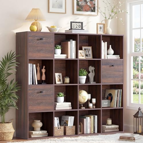 Walnut 16 Cube Storage Organizer, Wooden Bookcase with 3 Drawers, Freestanding Shelf Unit for Home Office Library, 4-Tier Book Shelf, 47" Wide Storage Display for Books Toys Display Rack - color: Walnut, size: 16 Cube