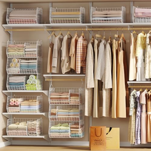 3 Tier Extra Large Closet Hanging Shelves with Divider, 16.5"L x 11.8"W x 33.6"H Closets Organizers and Storage with 5 S Hooks, Clothes Organizer for Sweaters Shoes Handbags Clutches Accessories-White - color: White, size: 3-Tier