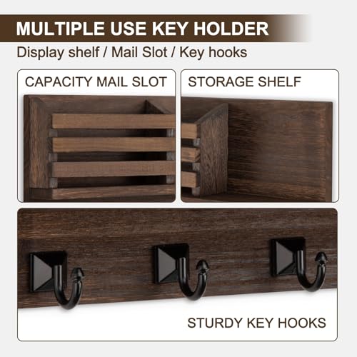 Key Holder Wall Mount, Mail Organizer for Wall with 5 Square Rustic Key Hooks Key Shelf Farmhouse Home Decor for Entryway - color: Brown