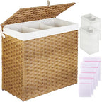 Greenstell Laundry Hamper with Lid, 125L Large Clothes Hamper with 3 Section & 2 Section Removable Liner Bags & 5 Mesh Laundry Bags, Handwoven Synthetic Rattan Divided Laundry Basket, Natural - color: Natural