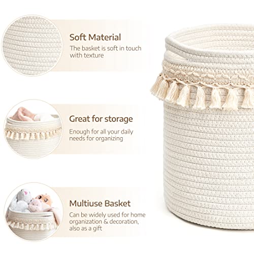 Mkono Macrame Decorative Cotton Rope Basket Boho Nursery Decor Small Cute Woven Tassel Closet Storage Bins Organizer for Baby Toys,Magazines, Potted Plants Cover,Living Room,Bedroom, 11"x11" - size: 11"x11"