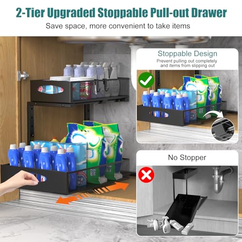 Housolution 1 Pack Large Under Sink Organizer, 2 Tier Metal Pull Out Under Sink Storage with Sliding Mesh Drawers, Height Adjustable Slide Out Under Cabinet Organizer for Kitchen Bathroom, Black - color: Black, size: 1 Pack, Large-12.2in Wide