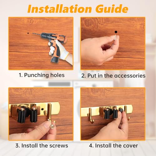 3 Racks and 4 Heavy Duty Hooks Mop and Broom Holder Wall Mount, Non-slip Organizer Storage Utility Tool Racks for Garage,Kitchen,Laundry Room,Garden. Gold - color: Gold