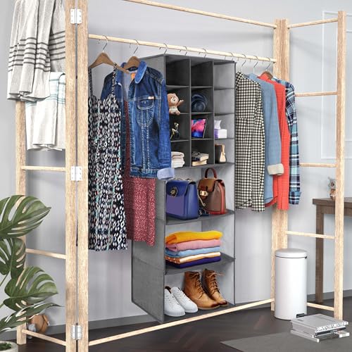 Libeder Shoe Organizers for Closet, 15 Shelf Hanging Closets Storage Shelves,12 Rack Organizer 3 Large Compartment for Clothes, Space Saving for Shoes with 3 Metal Hook(Grey) - color: Grey-1