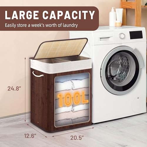 Aliphon 100L Laundry Hamper with lid, 2-Section Clothes Laundry Basket with Handles, Large Collapsible Bamboo Baskets for Bedroom, Bathroom, Dorm, Brown - color: Chestnut Brown, size: 100L