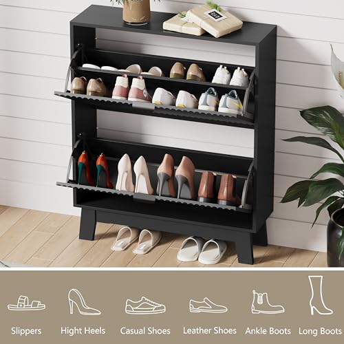 HUANLEGO Shoe Cabinet Storage for Entryway with 2 Flip Drawers, Fluted Narrow Shoe Organizer with Wooden Legs, Freestanding Slim Shoe Storage Hidden Shoe Rack Organizer for Front Door Entrance, Black - color: Black, size: 2 Drawer