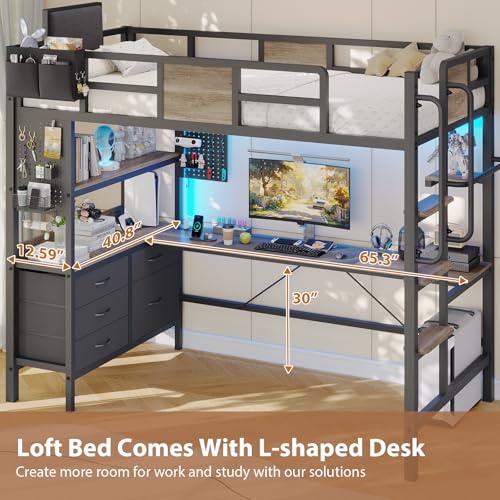 Dnxao Twin Loft Bed with Desk and 5 Storage Drawers,Loft Bed Twin Size with LED Lights and Charging Station, Metal Bunk Bed Frame with Ladder, Clothes Rail,Noise Free,Oak Gray - color: Oak Gray, size: Twin loft bed with 5 drawer