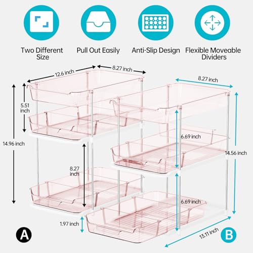 Delamu 2 Pack 3-Tier Bathroom Under Sink Organizers and Storage, Multi-Purpose Stackable Pantry Organization and Storage, Pull Out Clear Kitchen Bathroom Cabinet Organizer with Movable Dividers, Pink - color: Pink, size: 2 Pack 3-Tier