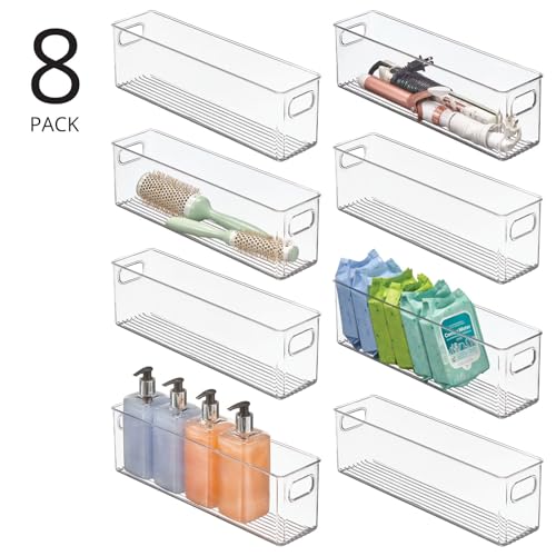 mDesign Plastic Bathroom Storage Container Bins w/ Handles - Closet, Cabinet, Vanity, Cupboard Shelf Organization, Hair Tools Accessory Organizer - Ligne Collection; Clear, ‎5x3.75x16 (Pack of 8) - size: ‎5 x 3.75 x 16 (Pack of 8)