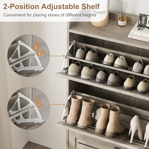 Garvee Shoe Storage Cabinet with 3 Flip Drawers, Freestanding Shoe Organizer Storage for Entryway with 2 Side Hooks, Farmhouse Hidden Slim Narrow Shoe Rack Cabinet, Gray - color: Grey, size: 3-Drawers