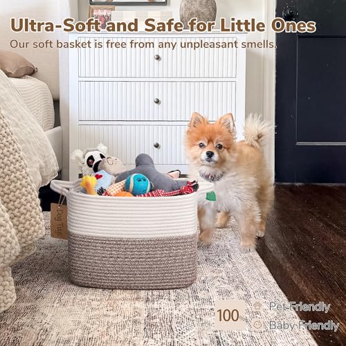Goodpick Woven Storage Basket, Cotton Rope Baskets for Toys, Books, Small Baby Laundry Baskets with Handles, Rectangle Dog Toy Basket for Living Room, 13 x 10 x 9 Inches - color: Brown, size: 13"L x 10"W x 9"H