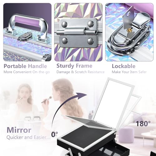 Joligrace Makeup Train Case Makeup Case Organizer Portable Cosmetic Box Storage with 2 Trays Mirror Locking with Keys Make Up Travel Case Nail Kits Traveling Makeup Box Shiny Purple - color: Shiny Purple