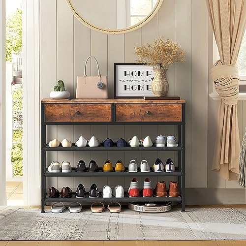 usikey Shoe Rack, 4 Tier Shoe Storage Organizer with 2 Drawers, Metal Shoe Shelf for 12-15 Pairs of Shoes, with 3 Oxford Fabric Shelves and Wooden Top, Shoe Stand for Entryway, Rustic Brown UNYXJX008F - color: 4 Tier ( 36.2 X 11 X 29.5 Inches)-rustic Brow