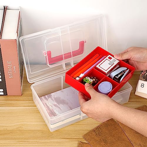 JUXYES Plastic Fishing Tackle Box Organizer with Removable Dividers, Clear Fishing Tackle Storage Boxes with Handle, 2 Layer Fishing Tackle Tray Box Lure Box, Red - color: Red
