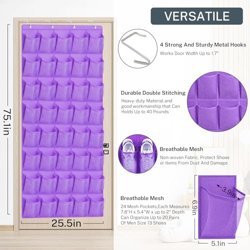 40-Pocket Over the Door Shoe Organizer - Large Mesh Pocket Hanging Shoe Organizer,Behind the Door Shoes Storage Holder Hanger - color: Purple