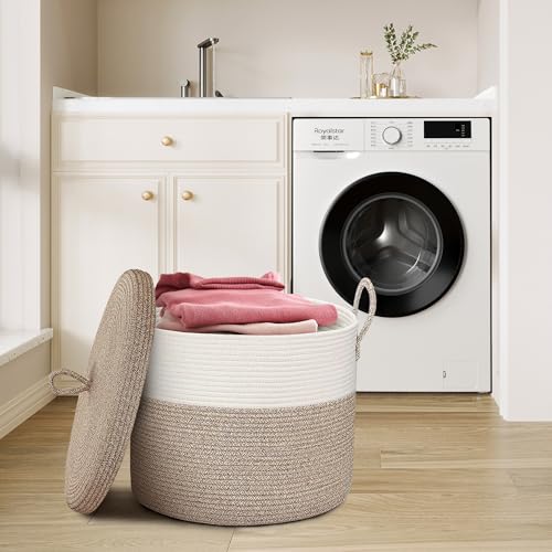 18" X18“ X 14" Large Storage Basket with Lid, Blanket Basket Living Room, Woven Cotton Rope Storage Box, Lidded Kids Dog Toy Bin, Wicker Laundry Basket, Blankets Pillows Organizer Holder - color: Brown/White