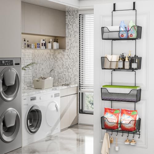 HapiRm Over The Door Organizer - Hanging Door Organizer with 4 Metal Large Capacity Baskets and Adjustable Coat Hook for Bathroom Bedroom Kitchen Pantry Closet Cabinet - color: Black
