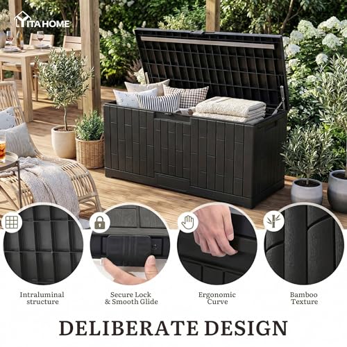 YITAHOME Large Outdoor Storage Box, 120 Gallon Waterproof Resin Deck Box with Slide-Locking Lid, Patio Storage Bin and Bench Seat for Garden Tools, Cushions & Pool Supplies, Easy Assembly, Black - color: Black, size: 120 Gallon, style: Deck Box