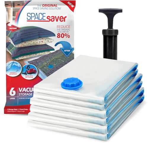 6 Pack Large Vacuum Storage Bags for Comforters, Blankets & Clothes – Vacuum Sealed Compression Bags with Hand Pump – Space Saver Storage Bags for Bedding, Moving, Travel & Organization - size: 6 Large Bags