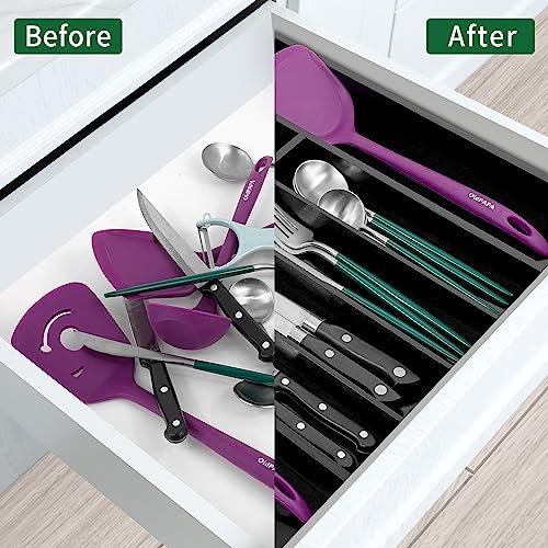 Utoplike Bamboo Silverware Drawer Organizer, Expandable Kitchen Utensils Drawer Organiser, Cutlery Tray Dividers, Flatware Caddy Drawer Insert, Office Supplies, Black 5-7 Slot - color: Black, size: Small