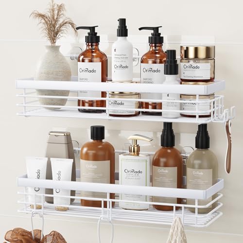 Orimade Shower Caddy with 5 Hooks for Hanging Razor and Sponge Adhesive Shower Shelf Basket Bathroom Storage Organizer Kitchen Rack No Drilling Stainless Steel Rustproof - 2 Pack,White - color: White