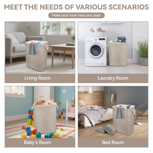 Collapsible Linen Look Fabric large Storage & Laundry Hamper with Drawstring - Durable Laundry Basket Laundry Bag Foldable Space Saving Basket Toy Basket, Dust Proof & Stackable, Beige