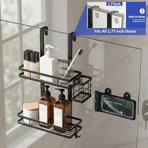 Over the Door Shower Caddy Hanging, Rustproof Shower Shelves with Waterproof Phone Pouch, 2-Tier Adjustable Bathroom Organizers and Storage, No Drilling Shower Shelf, Black Shampoo Soap Holder - size: 2 Tier